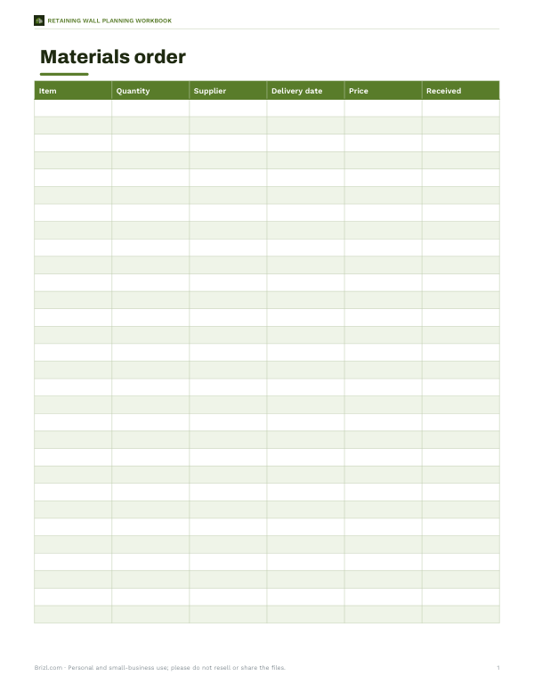 Preview of Printable Materials Order Sheet